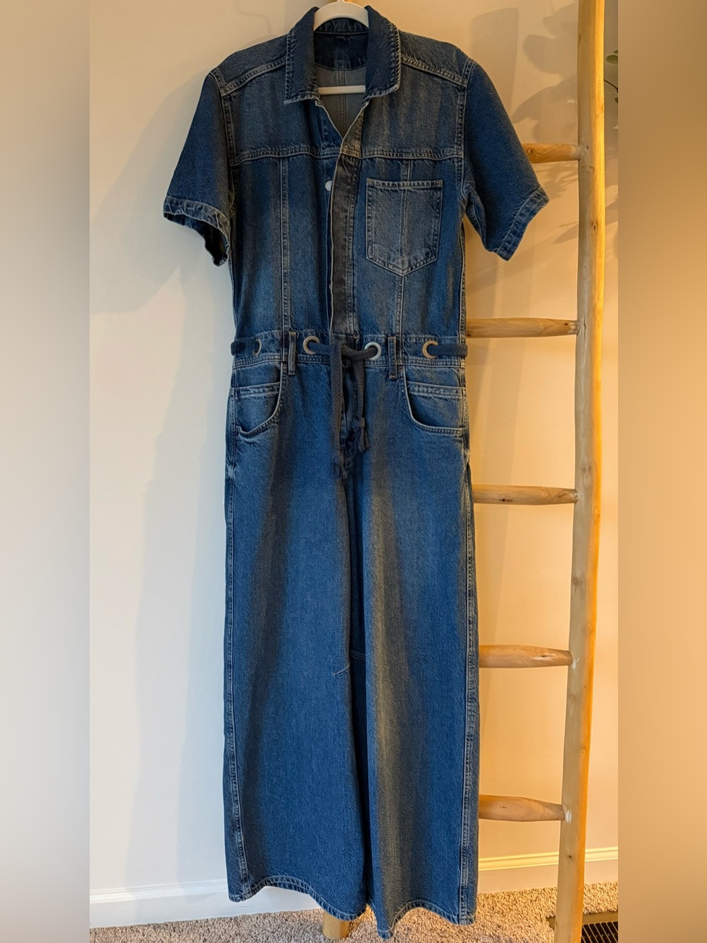 Free People We The Free Edison Wide Leg Coverall Boho Cape Blue Jumpsuit M NWOT - Picture 5 of 13